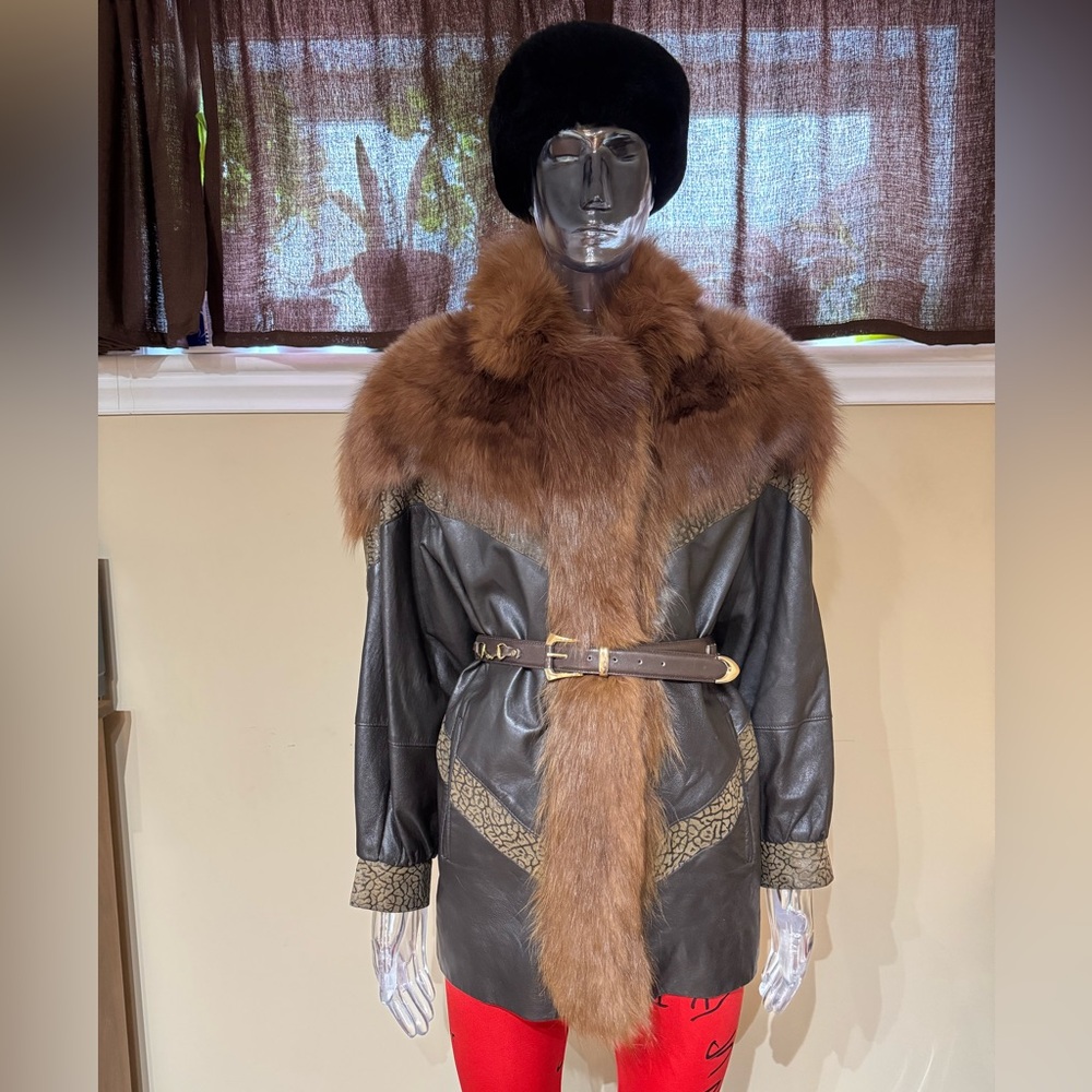 Brown Fur-Trimmed Leather Coat